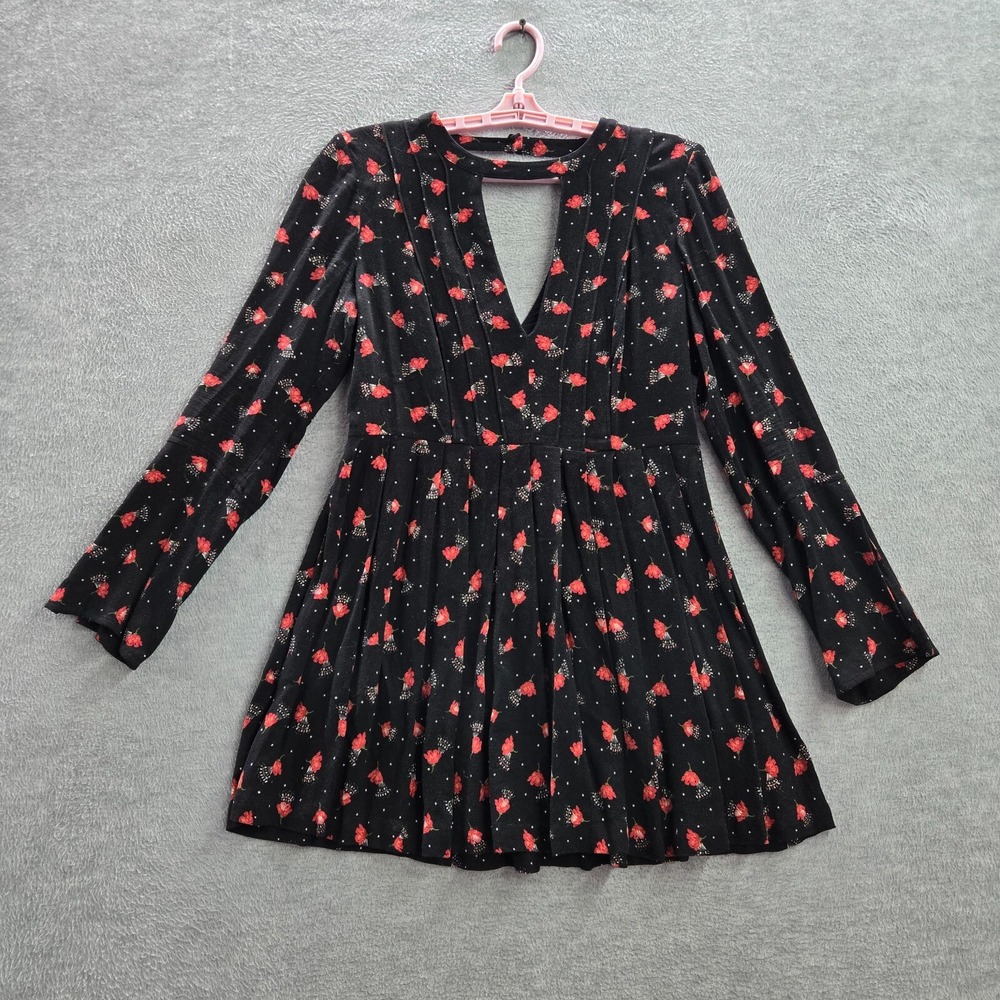 Free People Women Dress 4 Red Floral‎ Tegan Mini A Line Boho Pleated Keyhole
